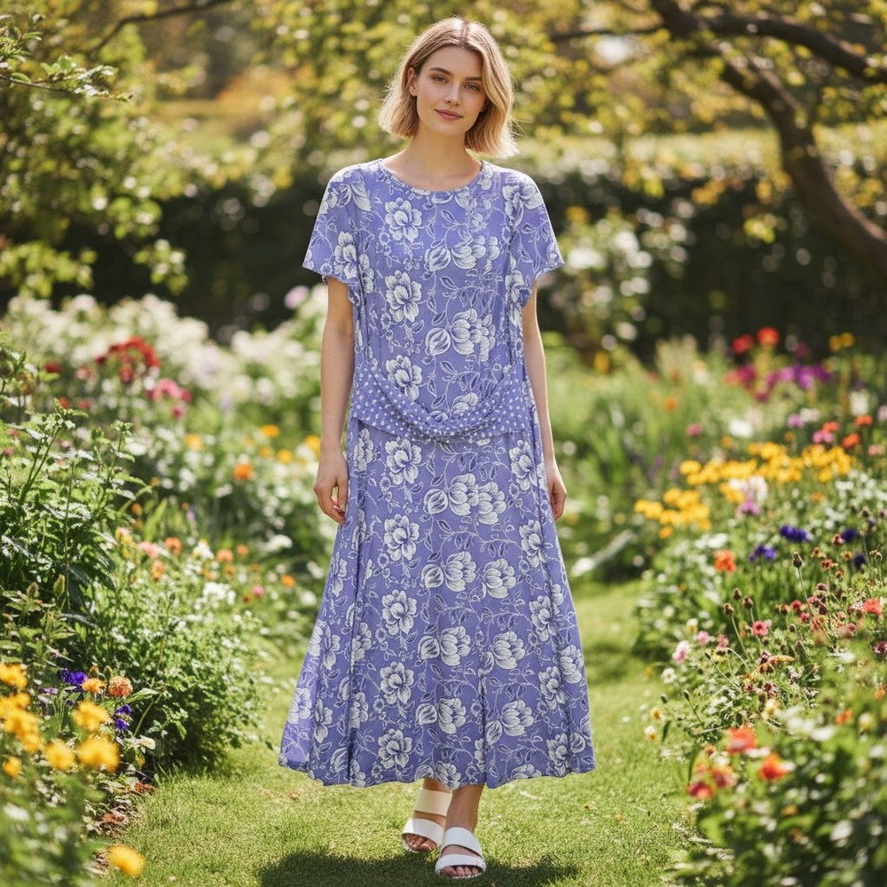 Perceptions Floral Maxi Dress Women's Large Purple Short Sleeve Cinched Waist